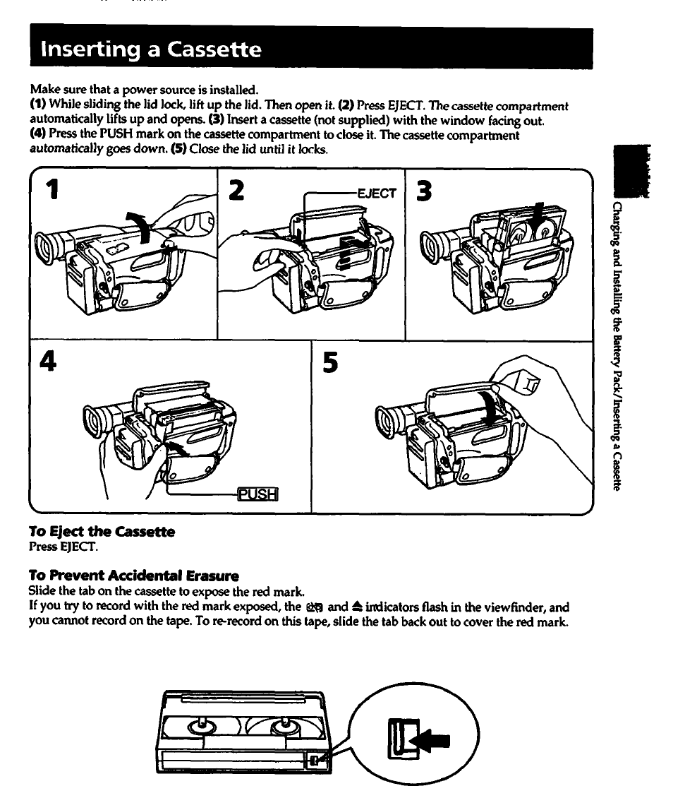 Inserting a cassette, To eject the cassette, To prevent accidental erasure | Sony CCD-TR82 User Manual | Page 9 / 52