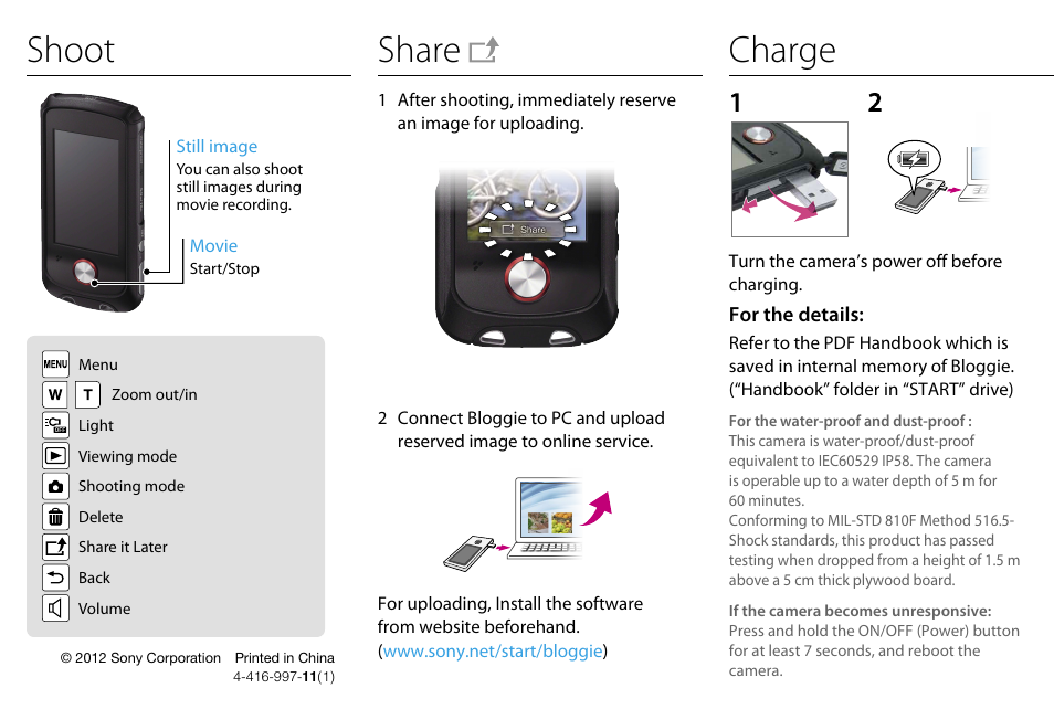 Rear side, Charge shoot share | Sony bloggie MHS-TS22 User Manual | Page 2 / 2