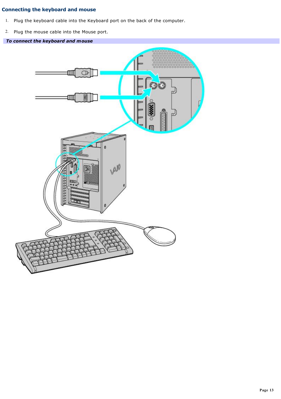 Connecting the keyboard and mouse | Sony PCV-RXA842 User Manual | Page 13 / 97