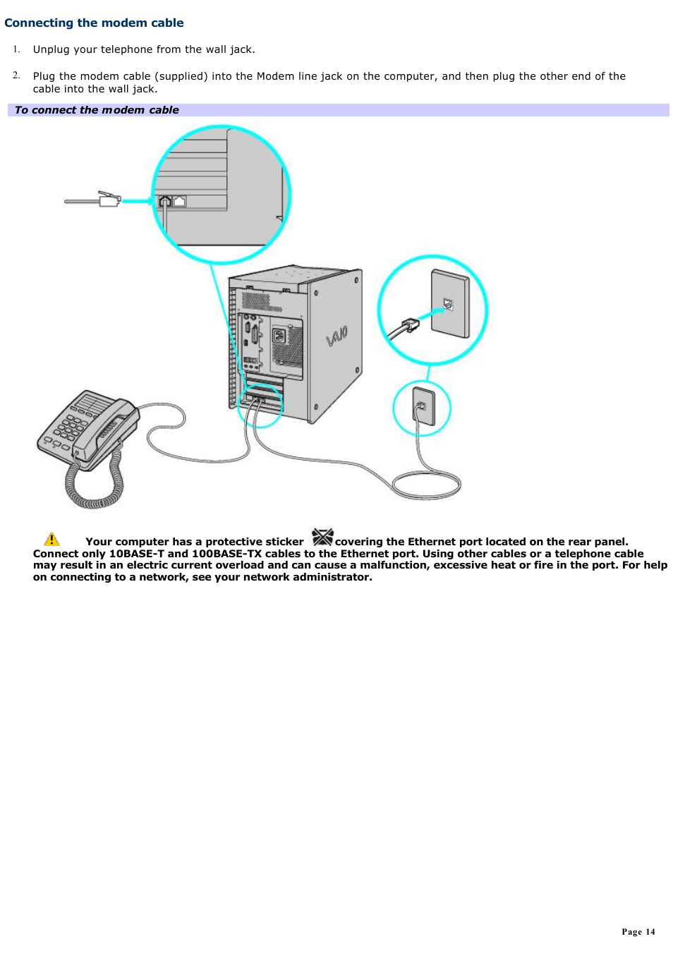 Connecting the modem cable | Sony PCV-RXA842 User Manual | Page 14 / 97