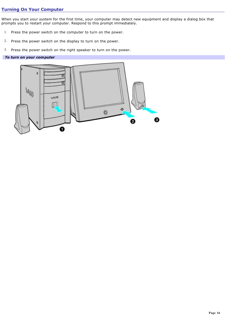 Turning on your computer | Sony PCV-RXA842 User Manual | Page 16 / 97