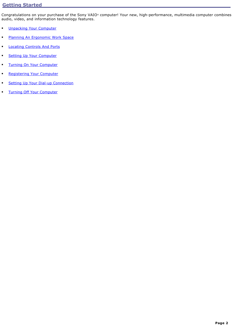Getting started | Sony PCV-RXA842 User Manual | Page 2 / 97