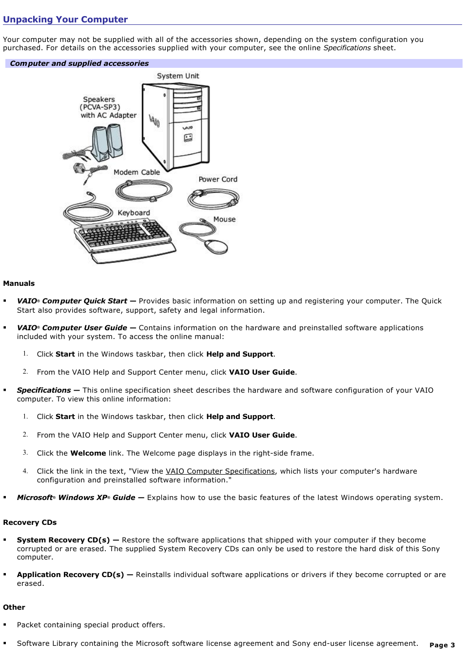 Unpacking your computer | Sony PCV-RXA842 User Manual | Page 3 / 97