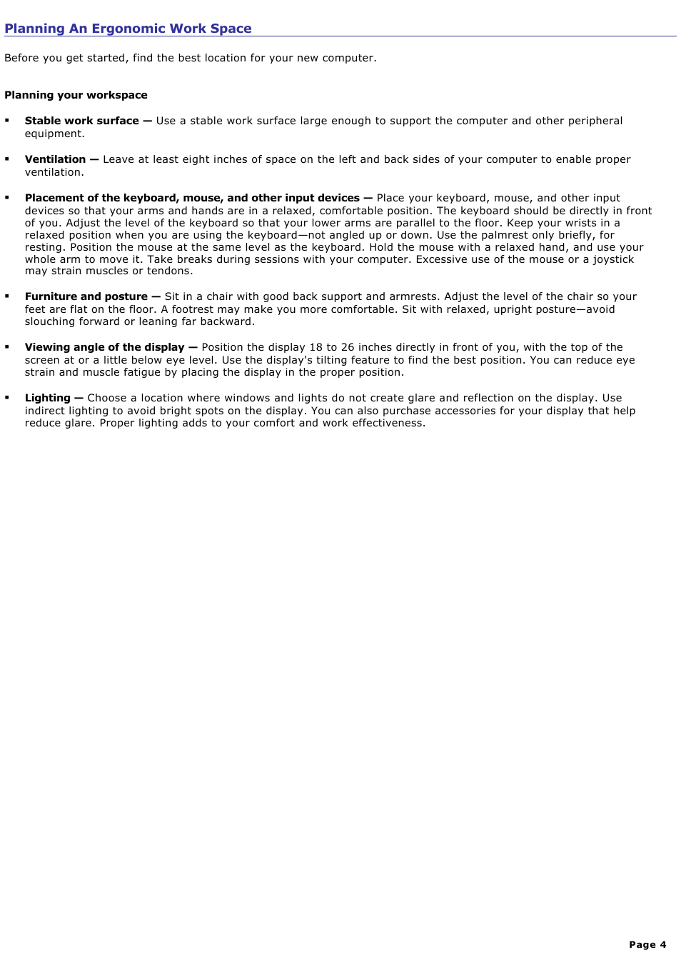 Planning an ergonomic work space | Sony PCV-RXA842 User Manual | Page 4 / 97