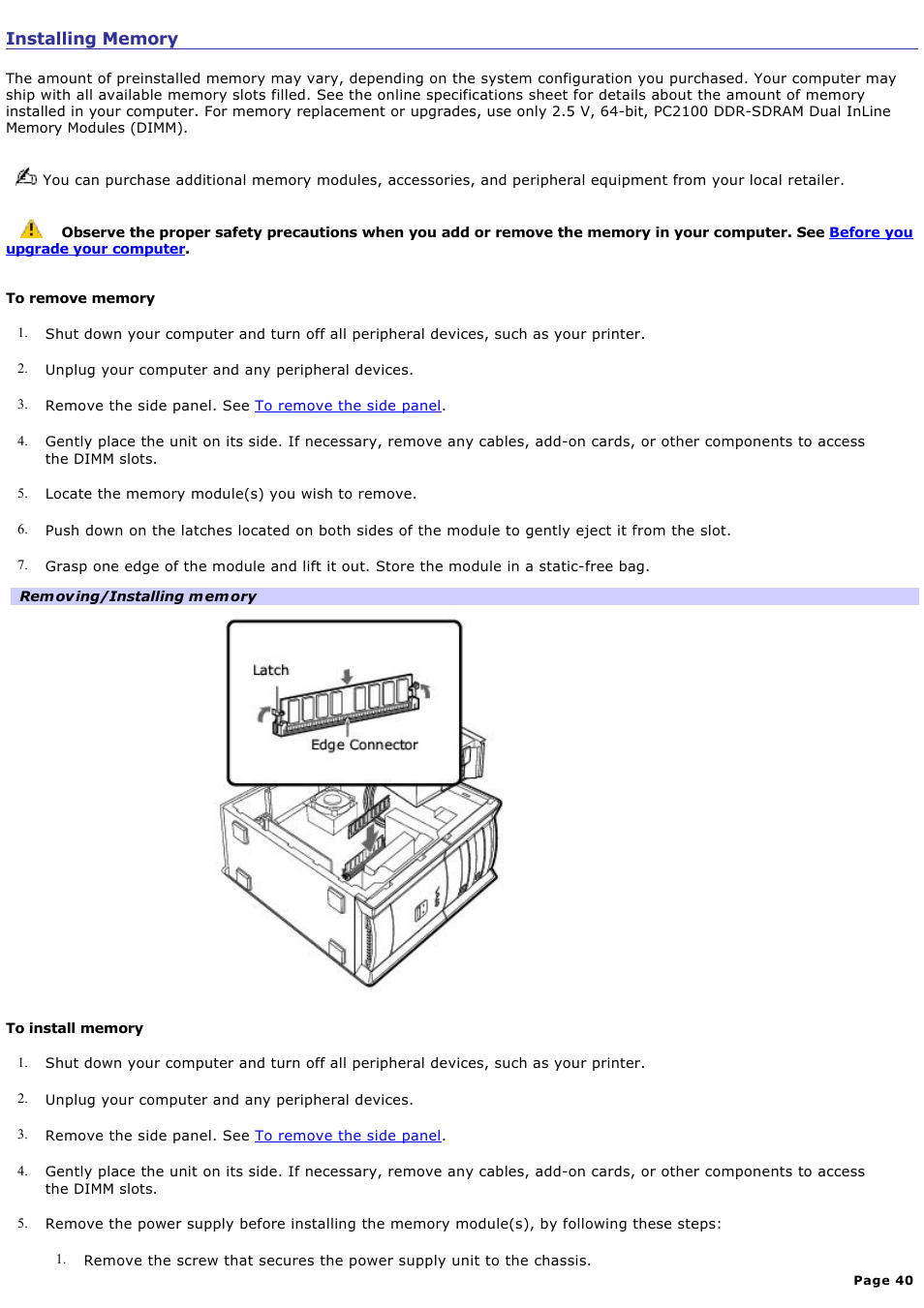 Installing memory | Sony PCV-RXA842 User Manual | Page 40 / 97