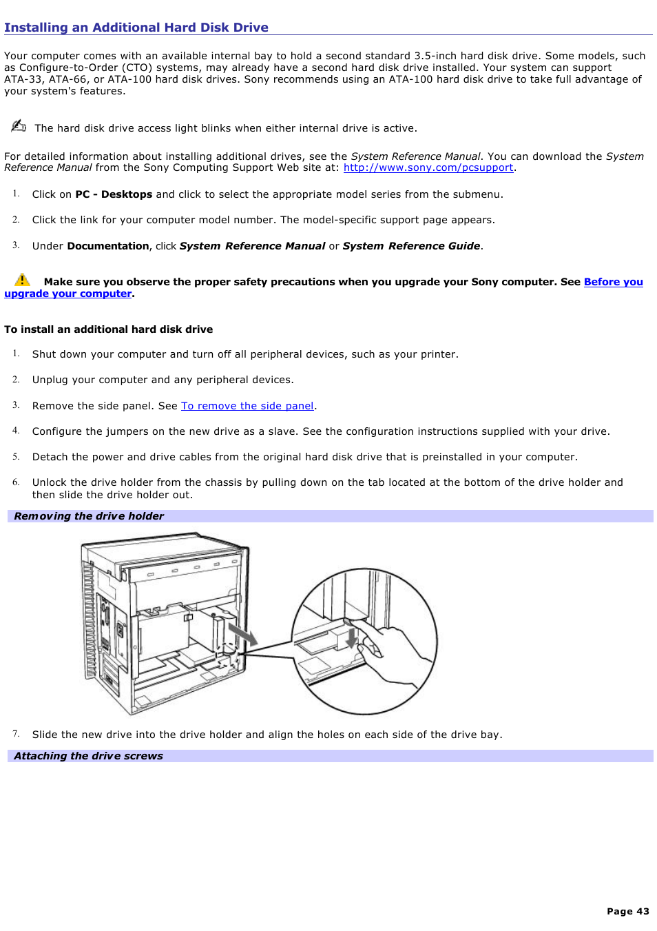 Installing an additional hard disk drive | Sony PCV-RXA842 User Manual | Page 43 / 97