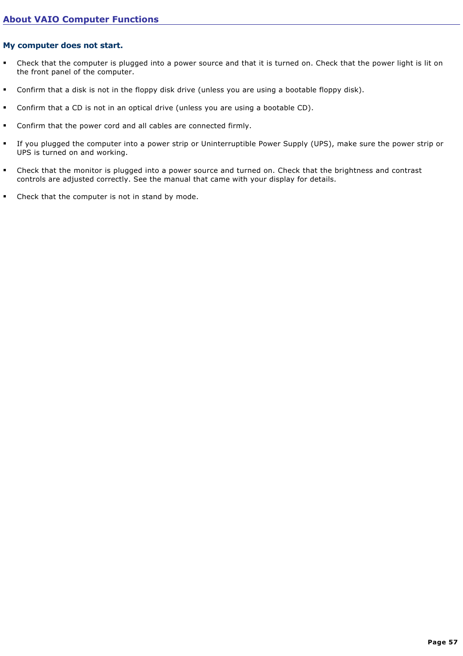 My computer does not start | Sony PCV-RXA842 User Manual | Page 57 / 97