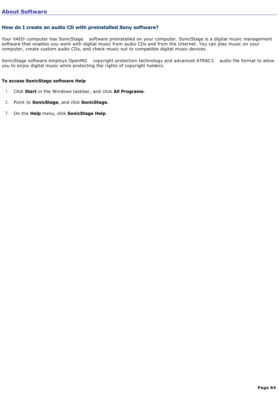 About software | Sony PCV-RXA842 User Manual | Page 64 / 97