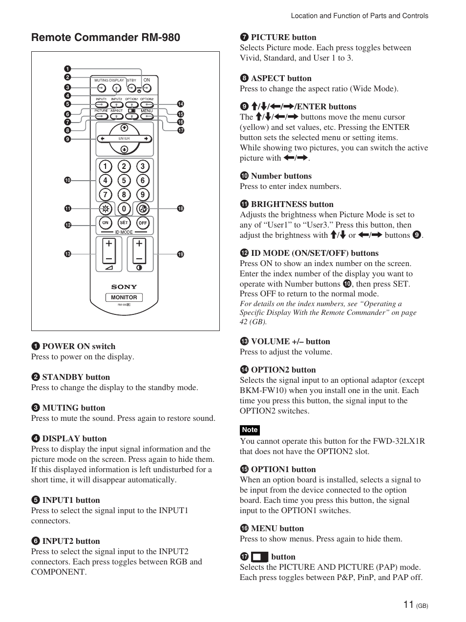 Remote commander rm-980 | Sony FWD-32LX1R User Manual | Page 11 / 45