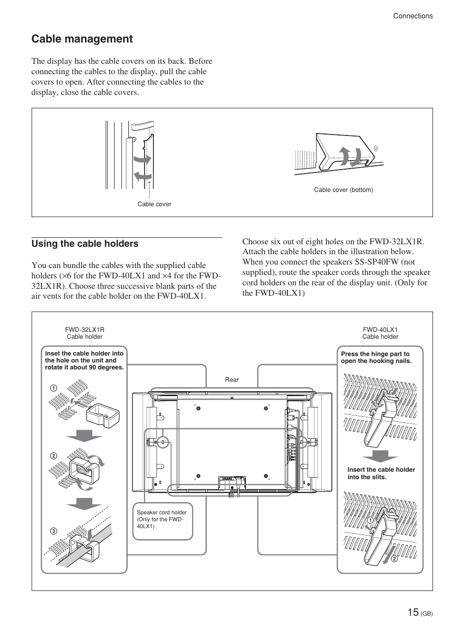 Cable management, Using the cable holders | Sony FWD-32LX1R User Manual | Page 15 / 45