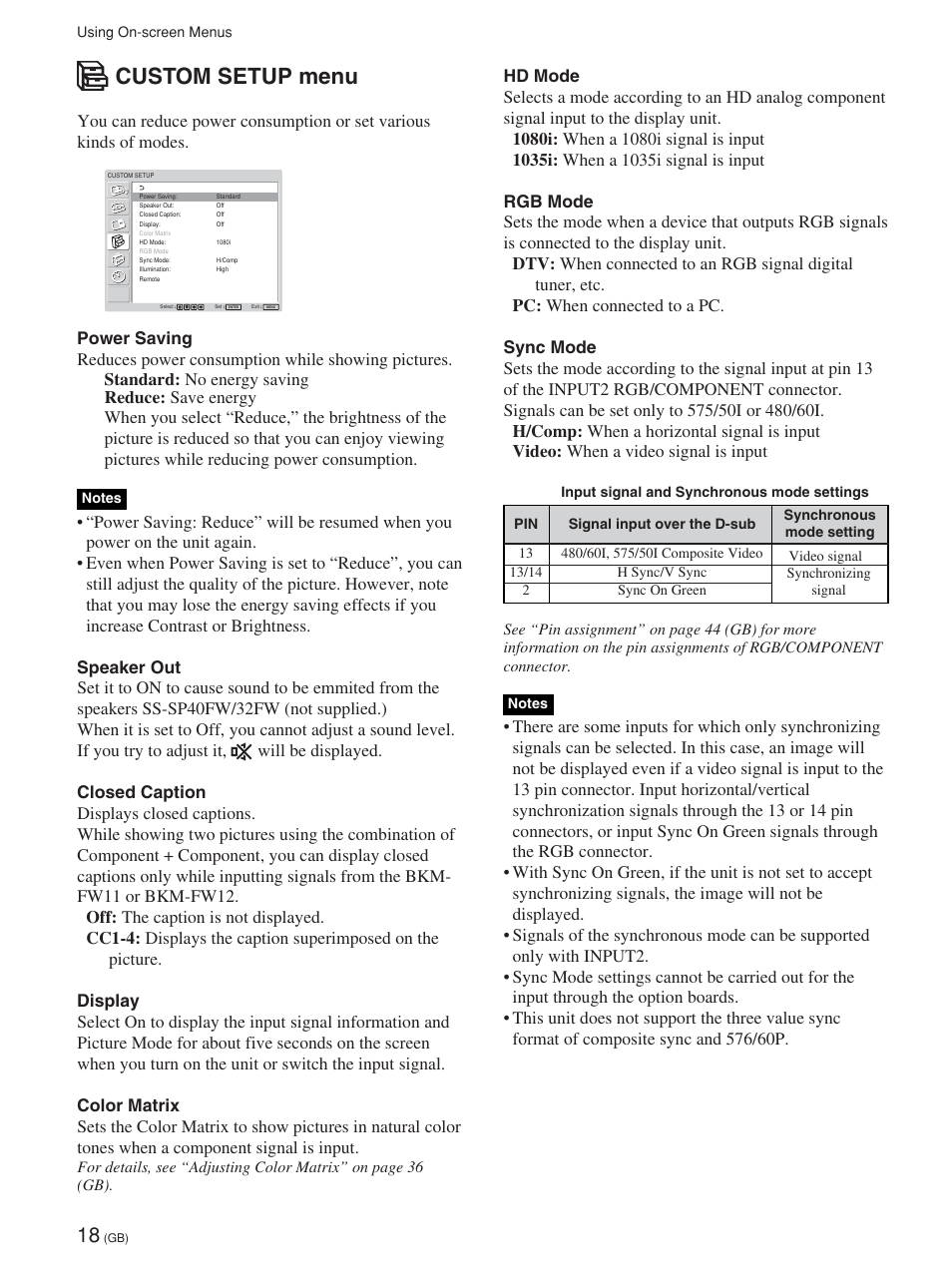 Custom setup menu | Sony FWD-32LX1R User Manual | Page 18 / 45