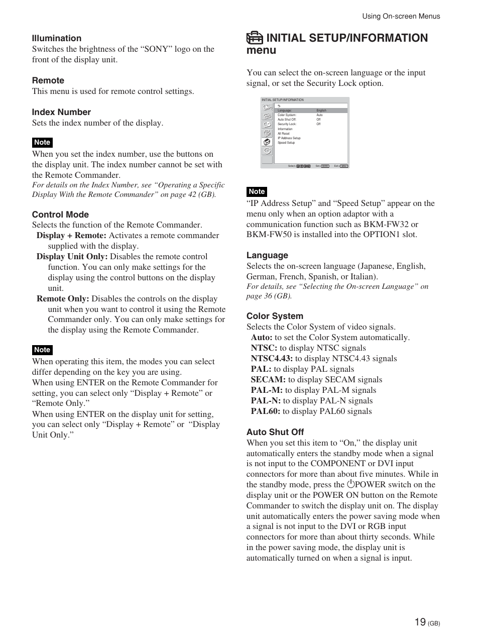 Initial setup/information menu | Sony FWD-32LX1R User Manual | Page 19 / 45