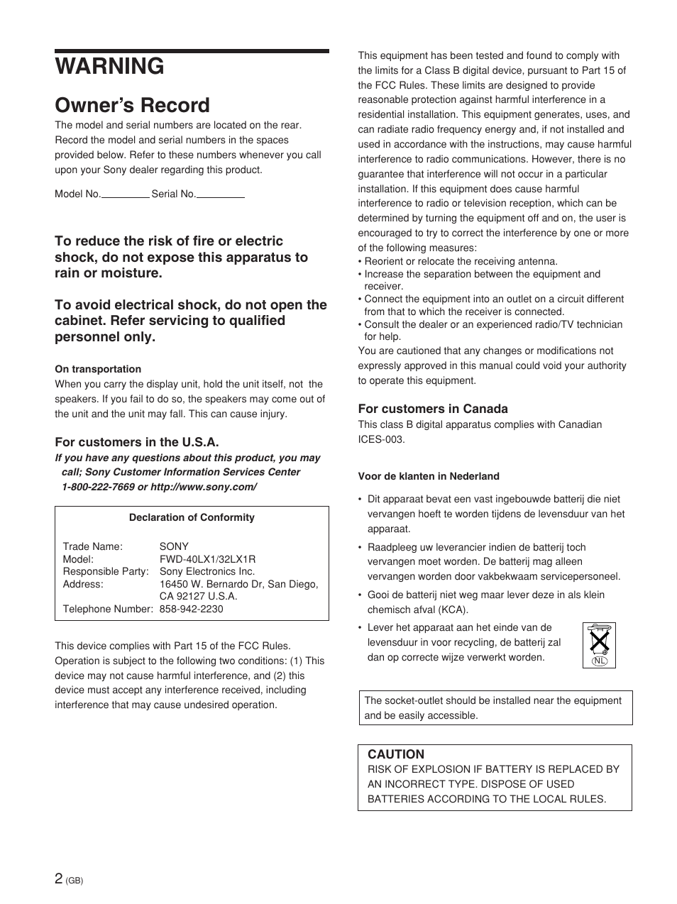 Warning, Owner’s record | Sony FWD-32LX1R User Manual | Page 2 / 45