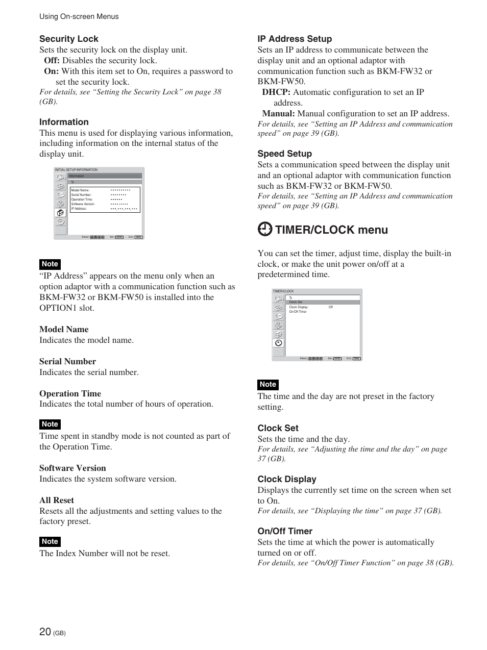 Timer/clock menu | Sony FWD-32LX1R User Manual | Page 20 / 45