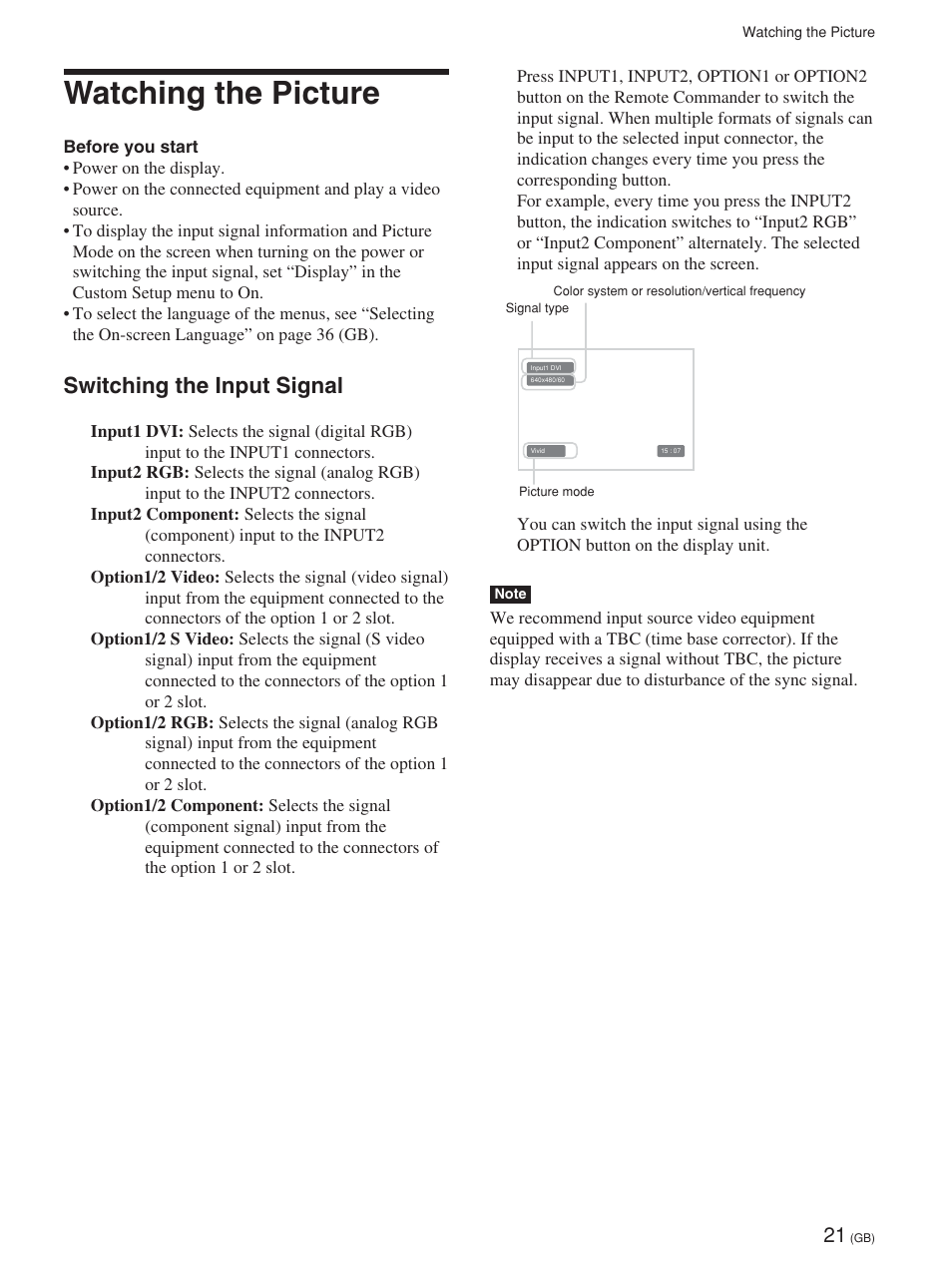 Watching the picture, Switching the input signal | Sony FWD-32LX1R User Manual | Page 21 / 45