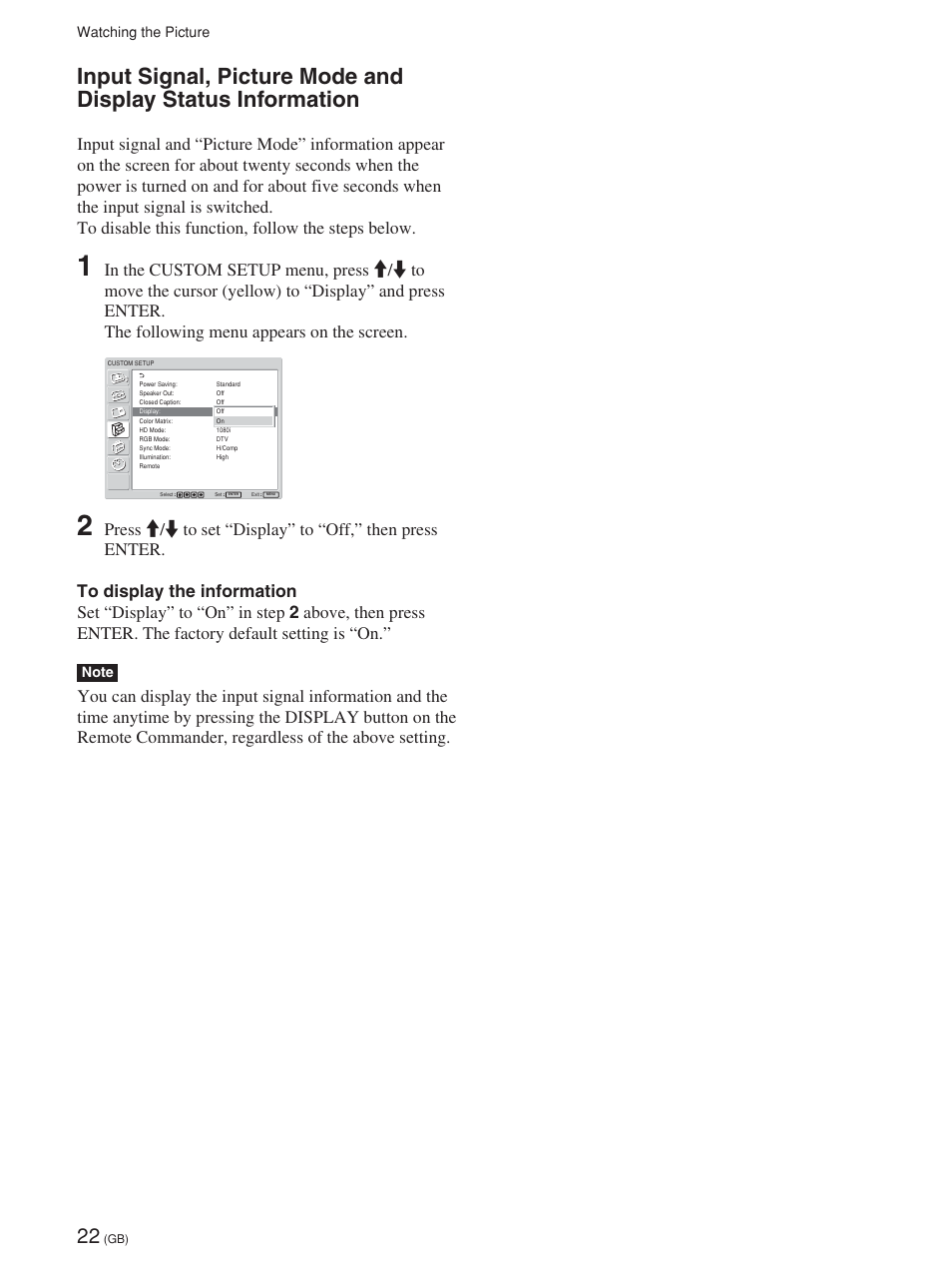 Watching the picture | Sony FWD-32LX1R User Manual | Page 22 / 45