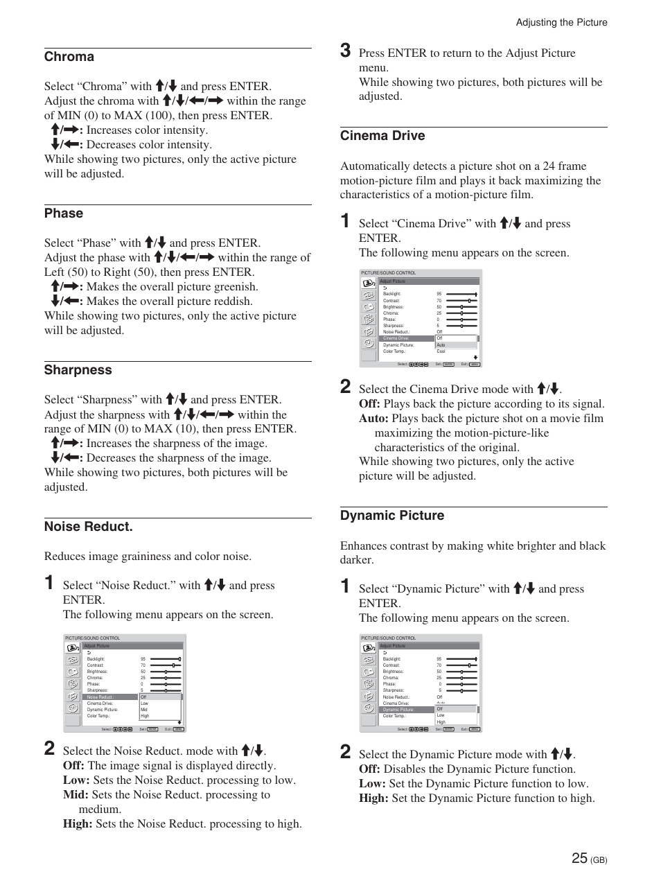 Cinema drive, Dynamic picture, Chroma | Phase, Sharpness, Noise reduct, Reduces image graininess and color noise | Sony FWD-32LX1R User Manual | Page 25 / 45