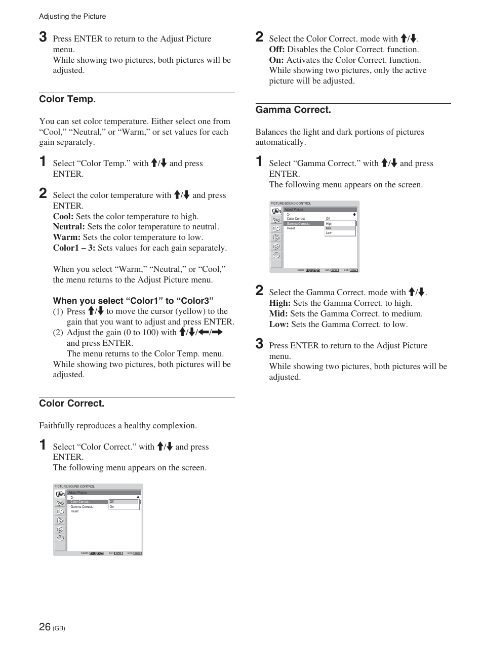 Color temp, Color correct, Gamma correct | Sony FWD-32LX1R User Manual | Page 26 / 45