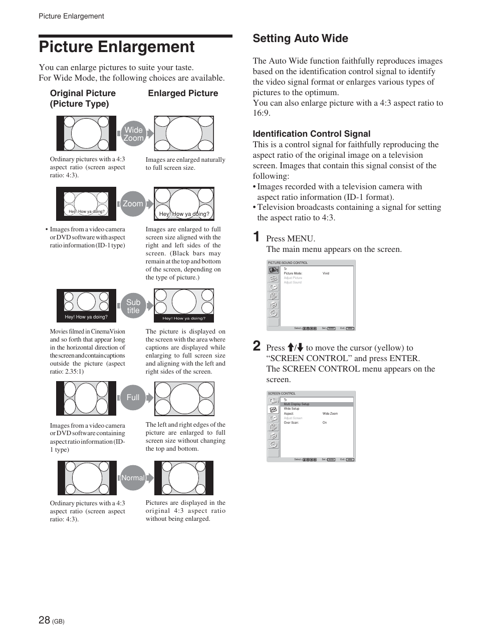 Picture enlargement, Setting auto wide, Press menu. the main menu appears on the screen | Wide zoom, Zoom, Sub title, Full | Sony FWD-32LX1R User Manual | Page 28 / 45