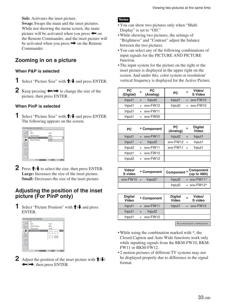 Zooming in on a picture, When p&p is selected, Select “picture size” with m/m and press enter | Select “picture position” with m/m and press enter | Sony FWD-32LX1R User Manual | Page 33 / 45