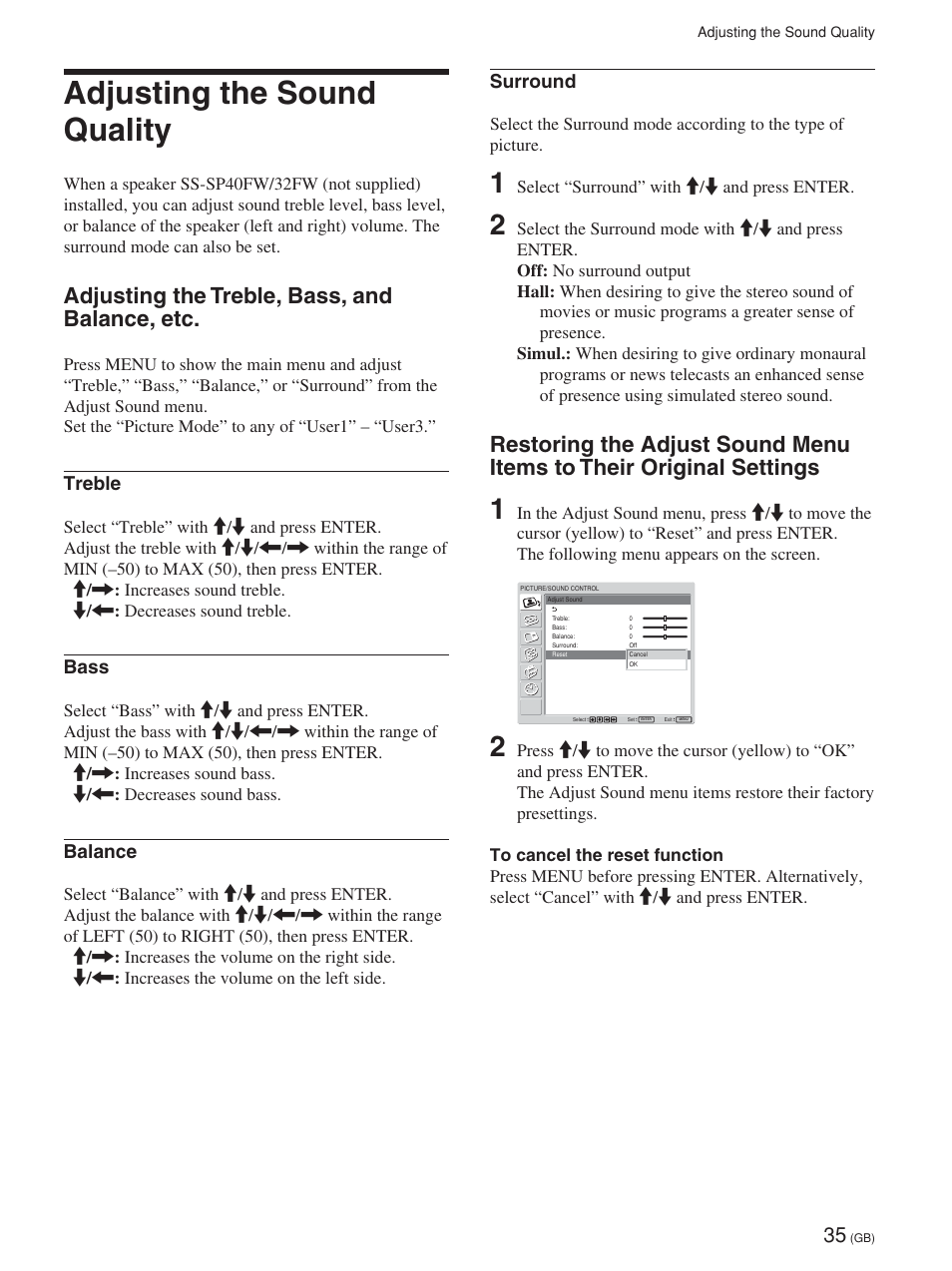 Adjusting the sound quality, Adjusting the treble, bass, and balance, etc, Treble | Bass, Balance, Surround | Sony FWD-32LX1R User Manual | Page 35 / 45