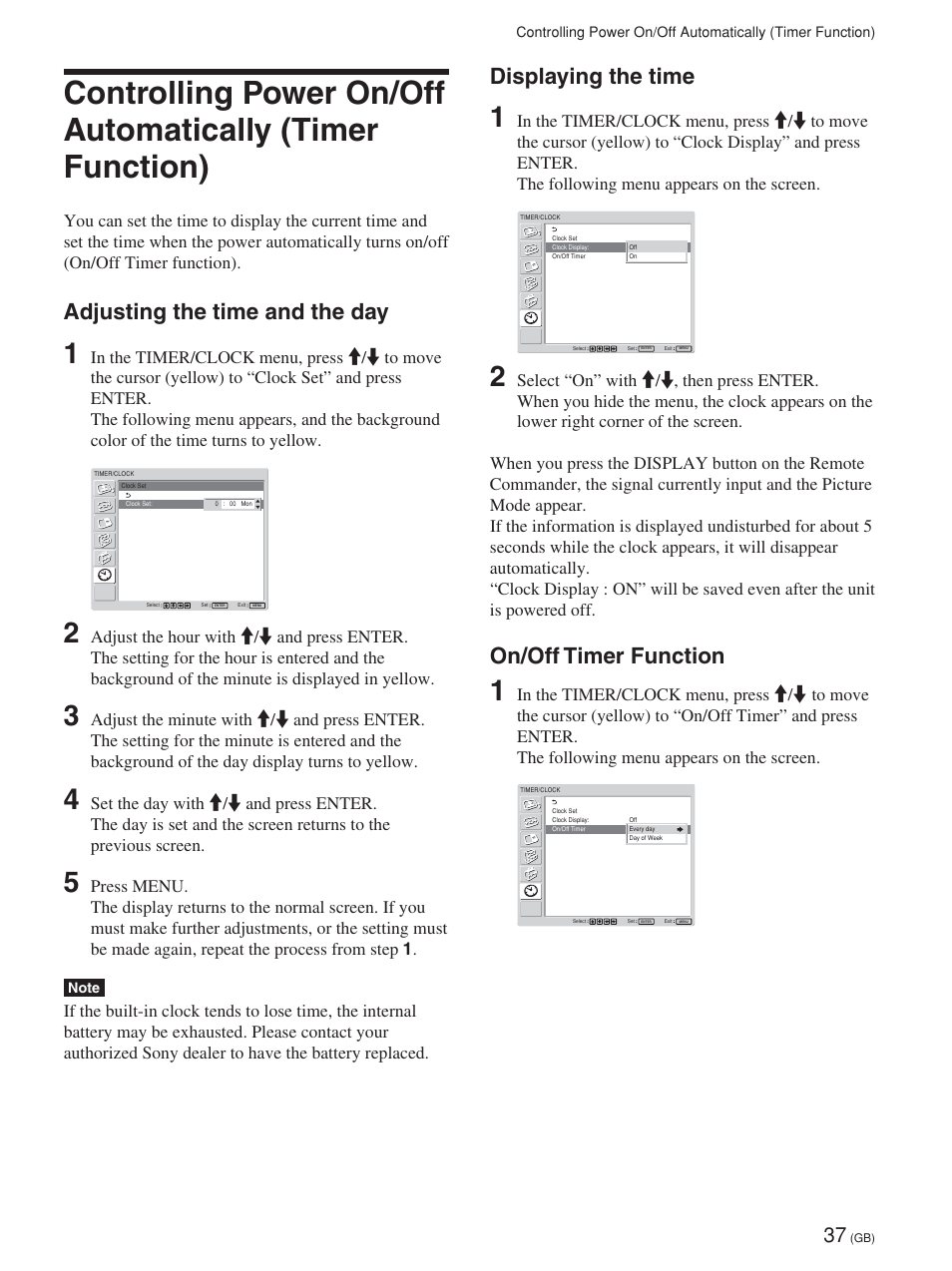 Adjusting the time and the day, Displaying the time, On/off timer function | Sony FWD-32LX1R User Manual | Page 37 / 45