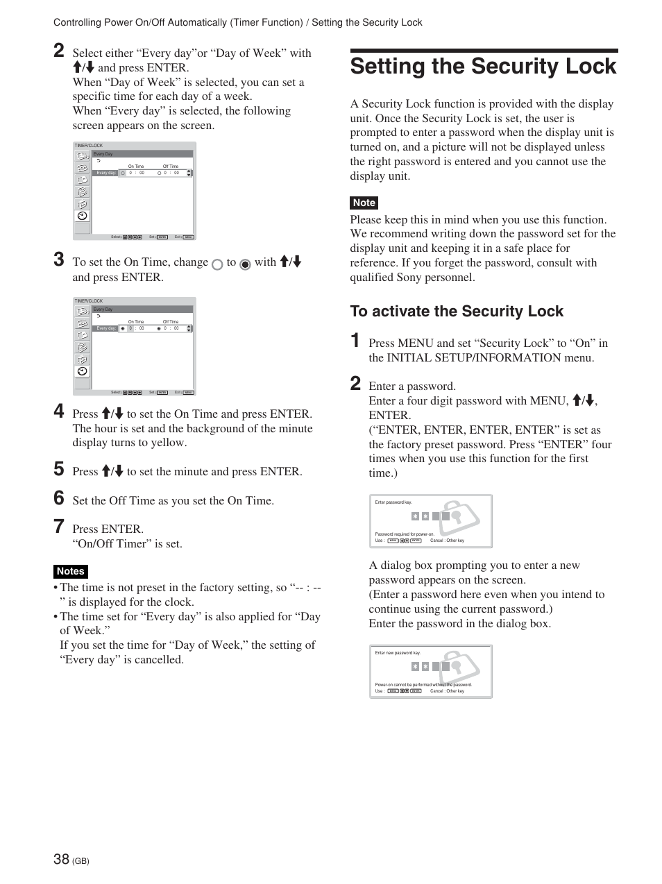 Setting the security lock, Press m/m to set the minute and press enter, Set the off time as you set the on time | Press enter. “on/off timer” is set | Sony FWD-32LX1R User Manual | Page 38 / 45