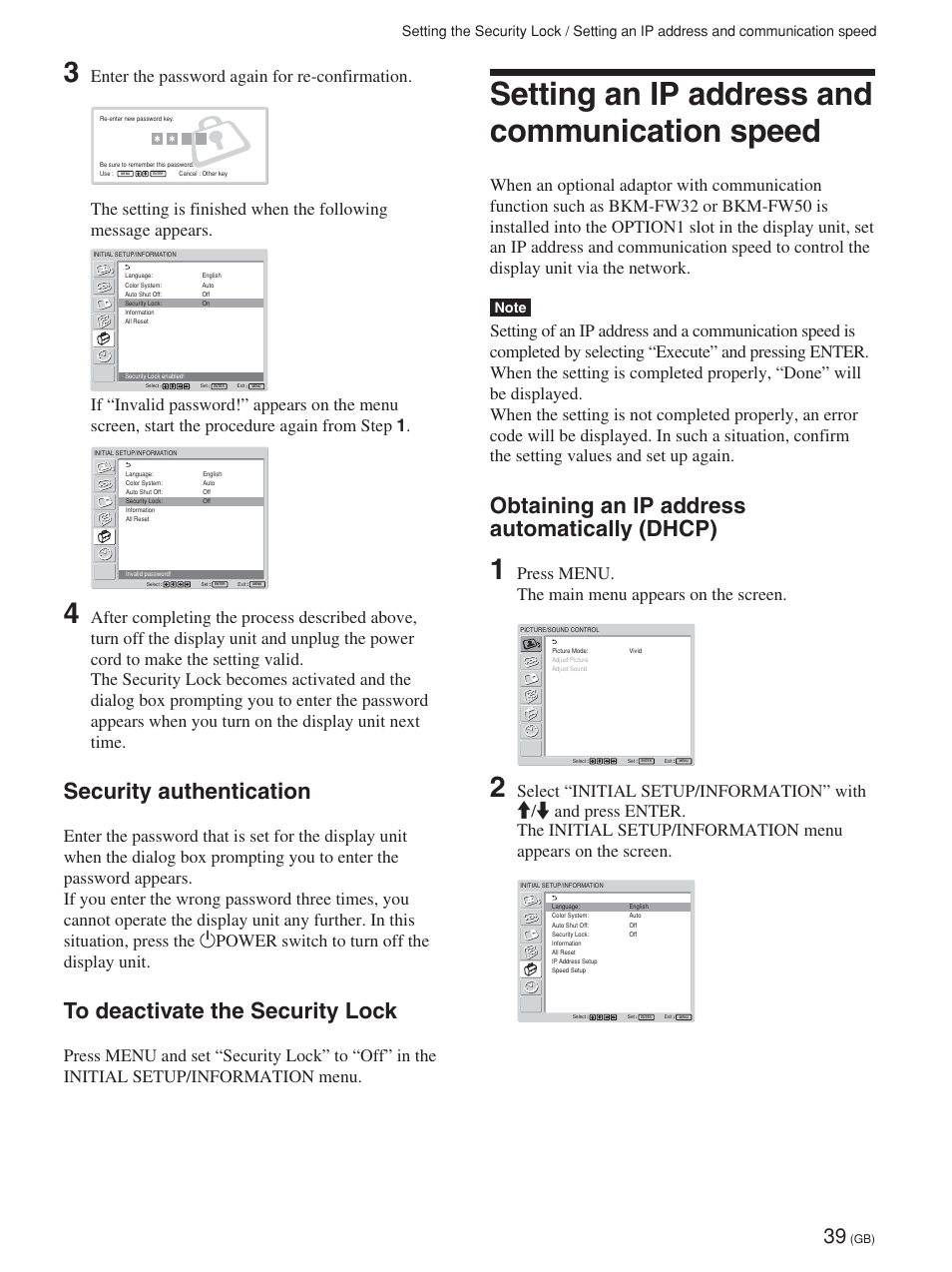 Setting an ip address and communication speed, Security authentication, Obtaining an ip address automatically (dhcp) | Enter the password again for re-confirmation, Press menu. the main menu appears on the screen | Sony FWD-32LX1R User Manual | Page 39 / 45