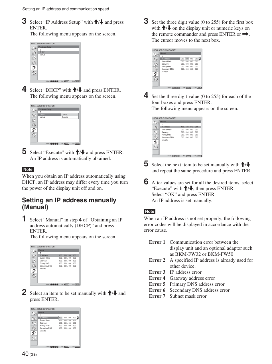 Setting an ip address manually (manual), Setting an ip address and communication speed | Sony FWD-32LX1R User Manual | Page 40 / 45