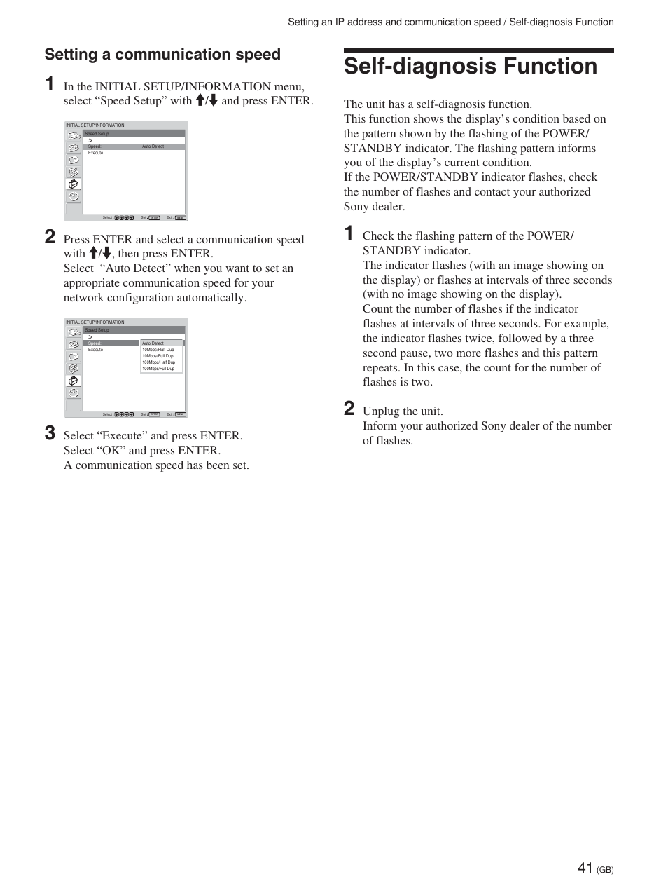 Self-diagnosis function, Setting a communication speed | Sony FWD-32LX1R User Manual | Page 41 / 45