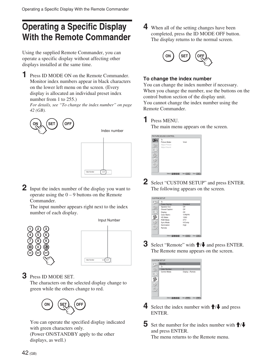 Press menu. the main menu appears on the screen, Select the index number with m/m and press enter | Sony FWD-32LX1R User Manual | Page 42 / 45