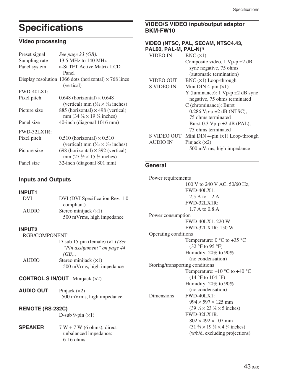 Specifications | Sony FWD-32LX1R User Manual | Page 43 / 45