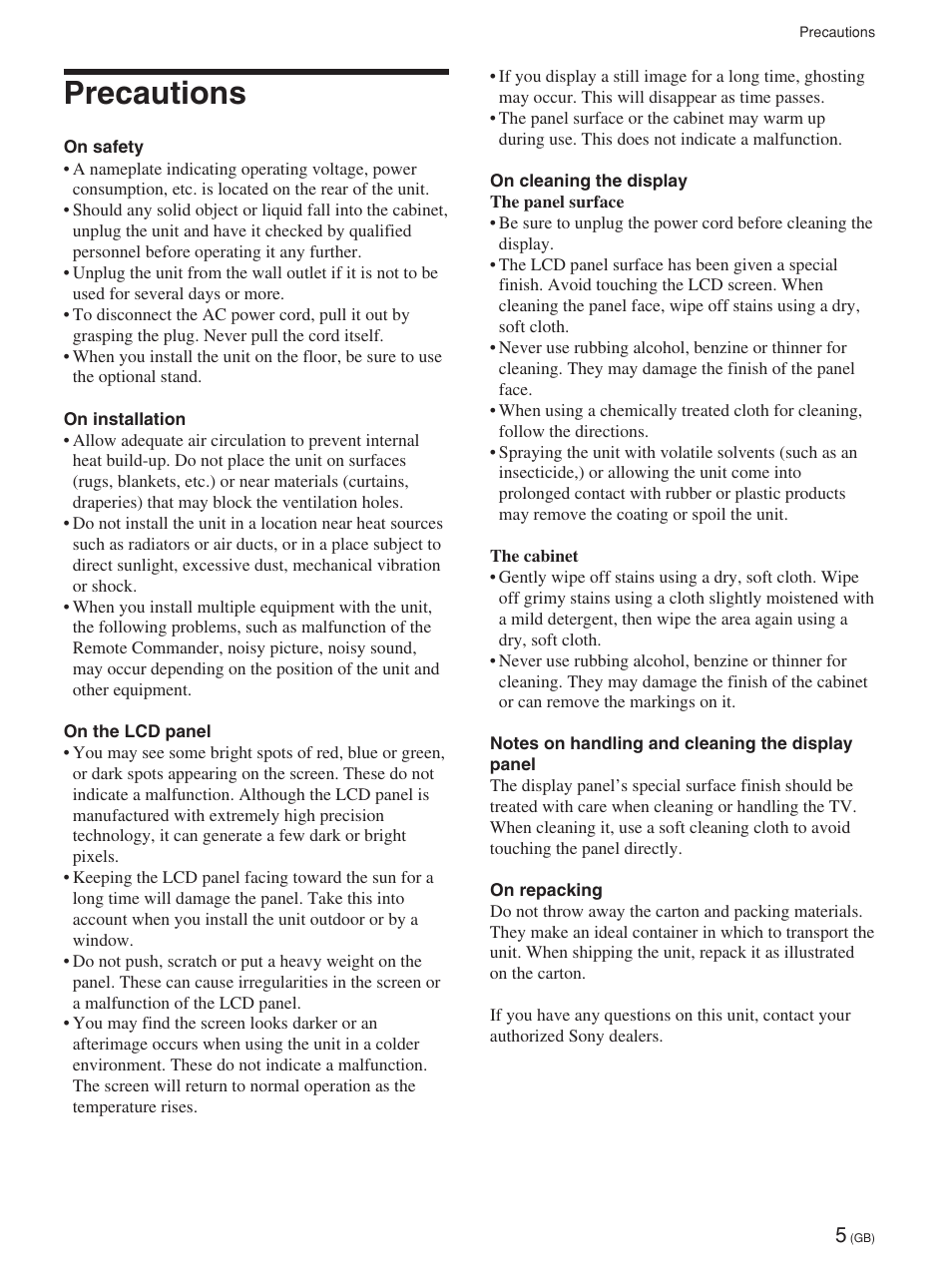 Precautions | Sony FWD-32LX1R User Manual | Page 5 / 45