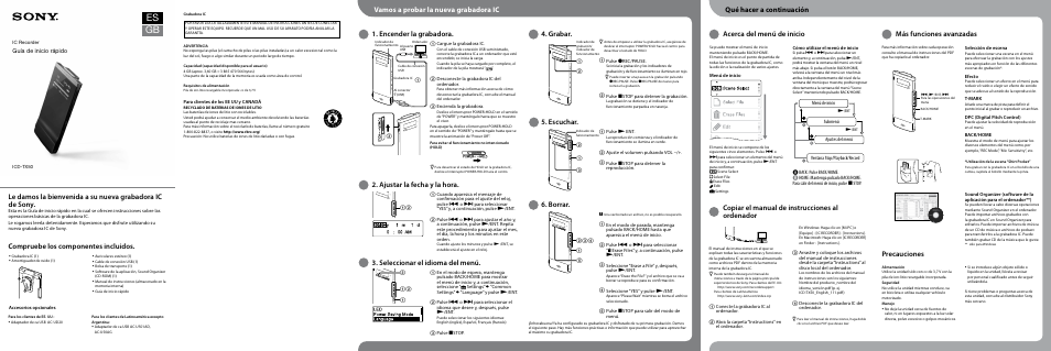 Es gb, Ajustar la fecha y la hora, Seleccionar el idioma del menú | Grabar, Escuchar, Borrar, Acerca del menú de inicio qué hacer a continuación, Copiar el manual de instrucciones al ordenador, Precauciones, Compruebe los componentes incluidos | Sony ICD-TX50 User Manual | Page 2 / 2