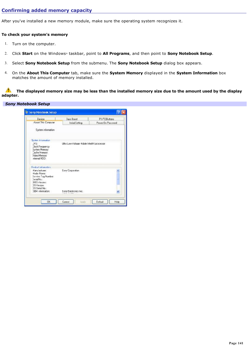 Confirming added memory capacity, For more | Sony PCG-V505EC User Manual | Page 141 / 148