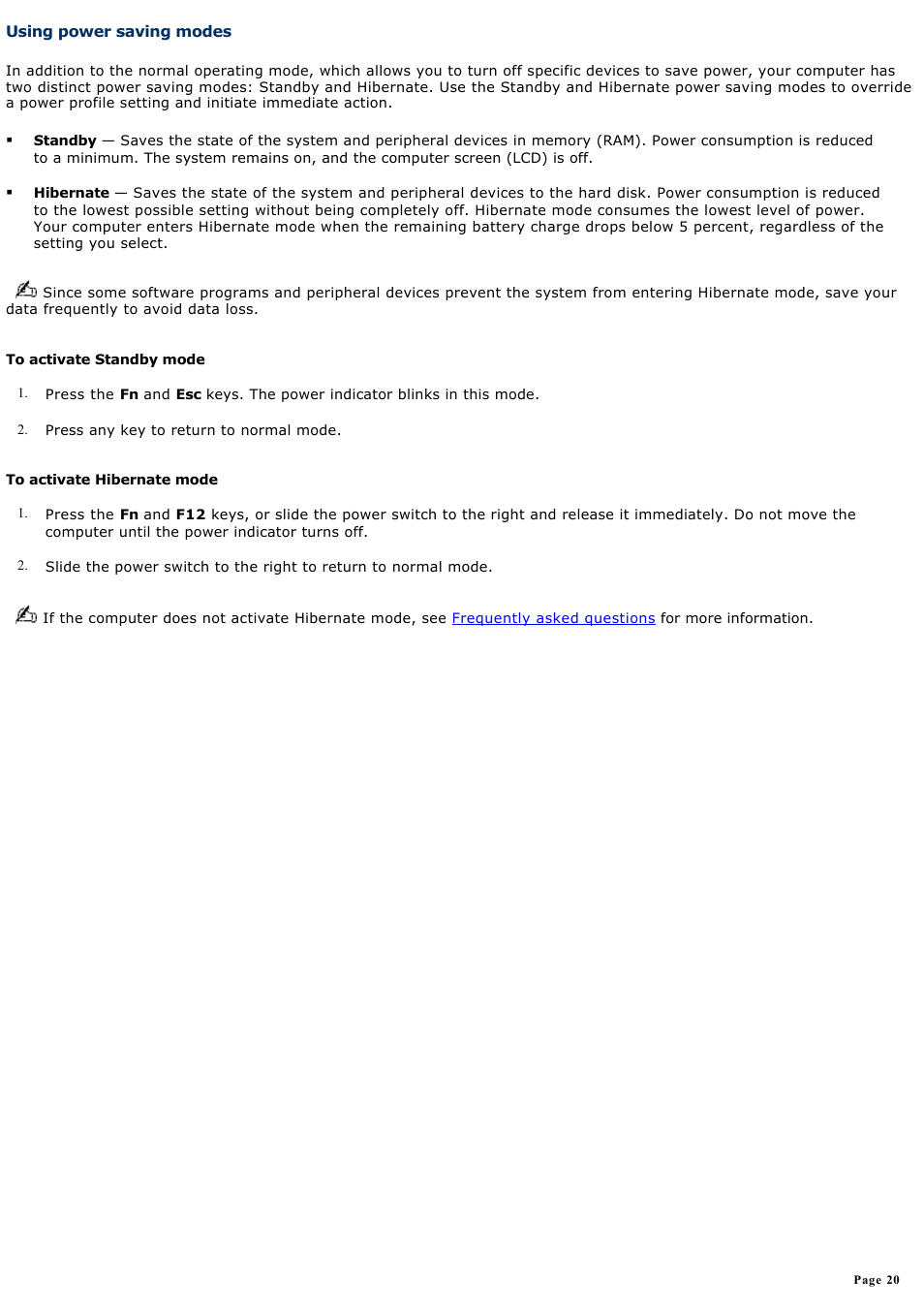 Using power saving modes | Sony PCG-V505EC User Manual | Page 20 / 148