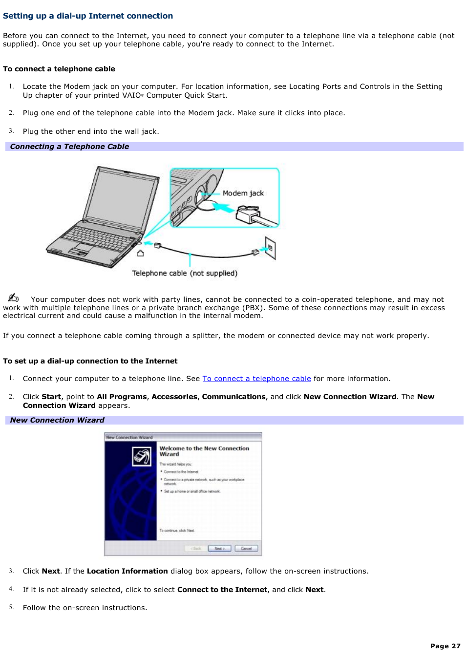 Setting up a dial-up internet connection | Sony PCG-V505EC User Manual | Page 27 / 148