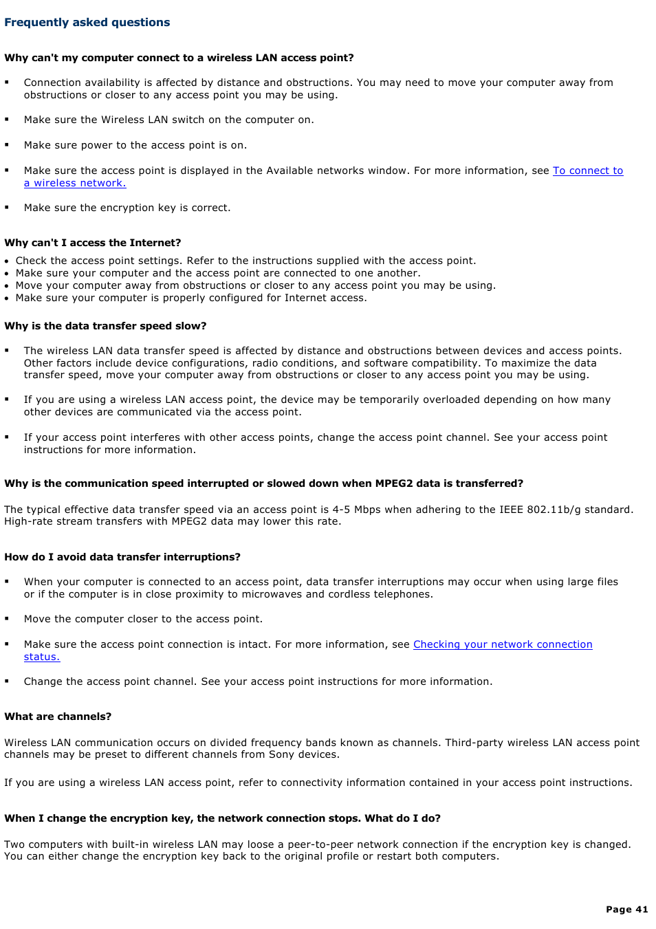 Frequently asked questions | Sony PCG-V505EC User Manual | Page 41 / 148