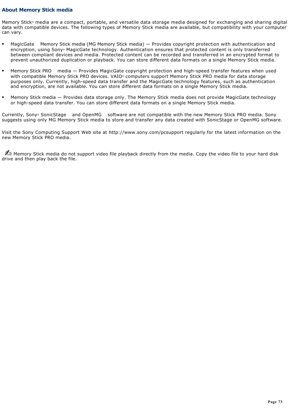 About memory stick media | Sony PCG-V505EC User Manual | Page 73 / 148