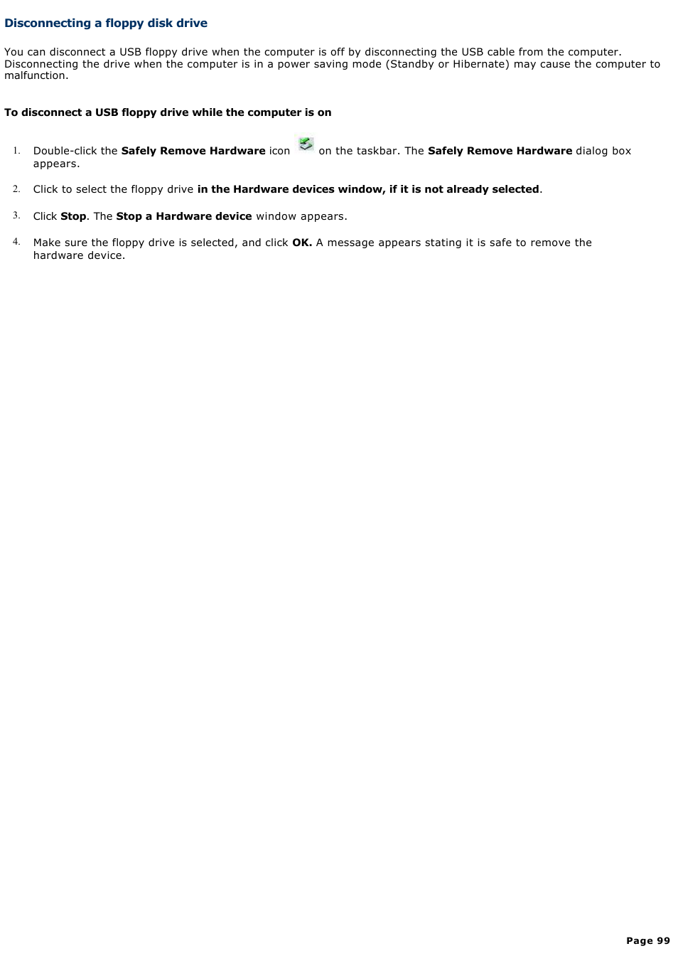 Disconnecting a floppy disk drive | Sony PCG-V505EC User Manual | Page 99 / 148