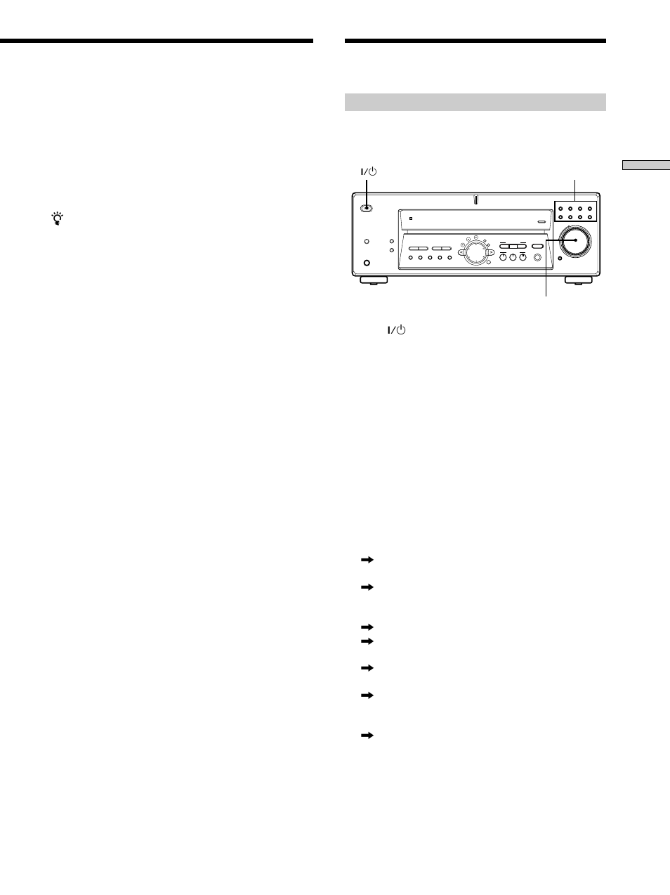 Before you use your receiver 21, Before you use your receiver, Checking the connections | Hooking up and setting up the speaker system, Press ? / 1 to turn on the receiver, Turn on the component and start playing it, When setting the volume levels for each speaker, Function buttons, Master volume 1/u | Sony STR-DE675 User Manual | Page 21 / 56