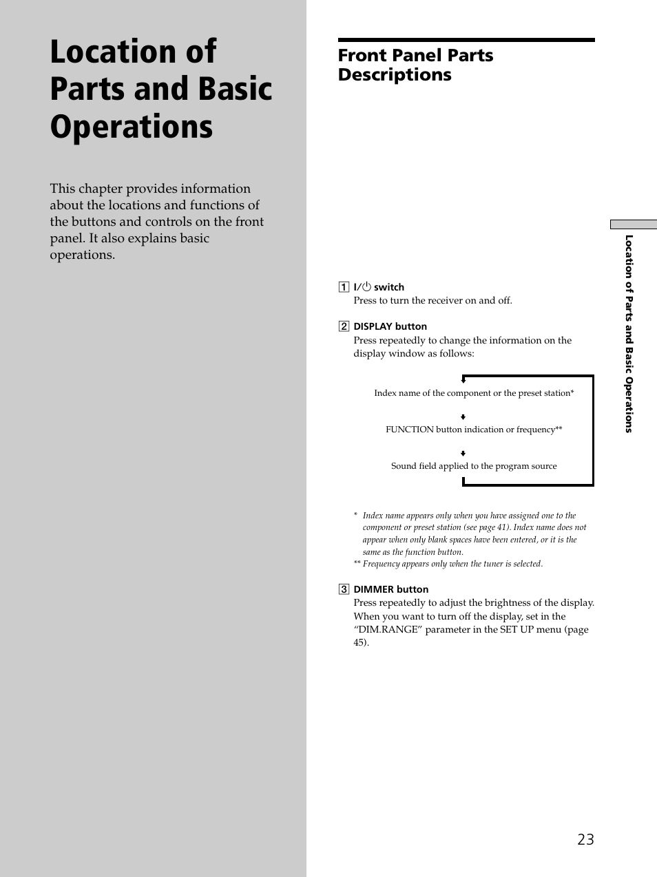 Location of parts and basic operations, Front panel parts descriptions | Sony STR-DE675 User Manual | Page 23 / 56