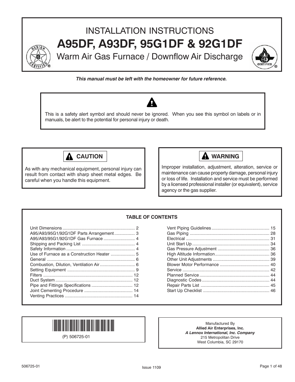 Allied Air Enterprises A95DF User Manual | 48 pages