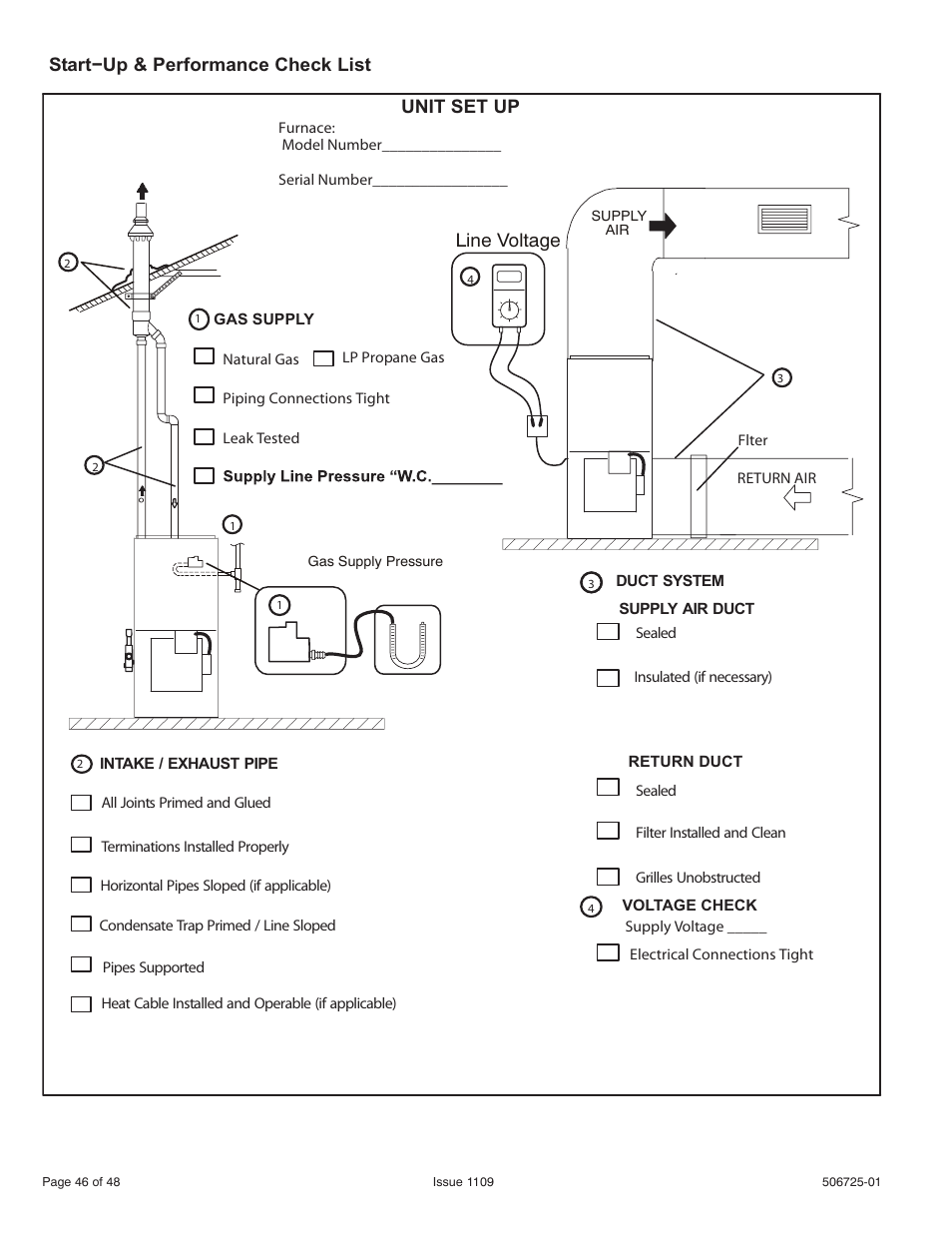 Start−up & performance check list, Line voltage, Unit set up | Allied Air Enterprises A95DF User Manual | Page 46 / 48