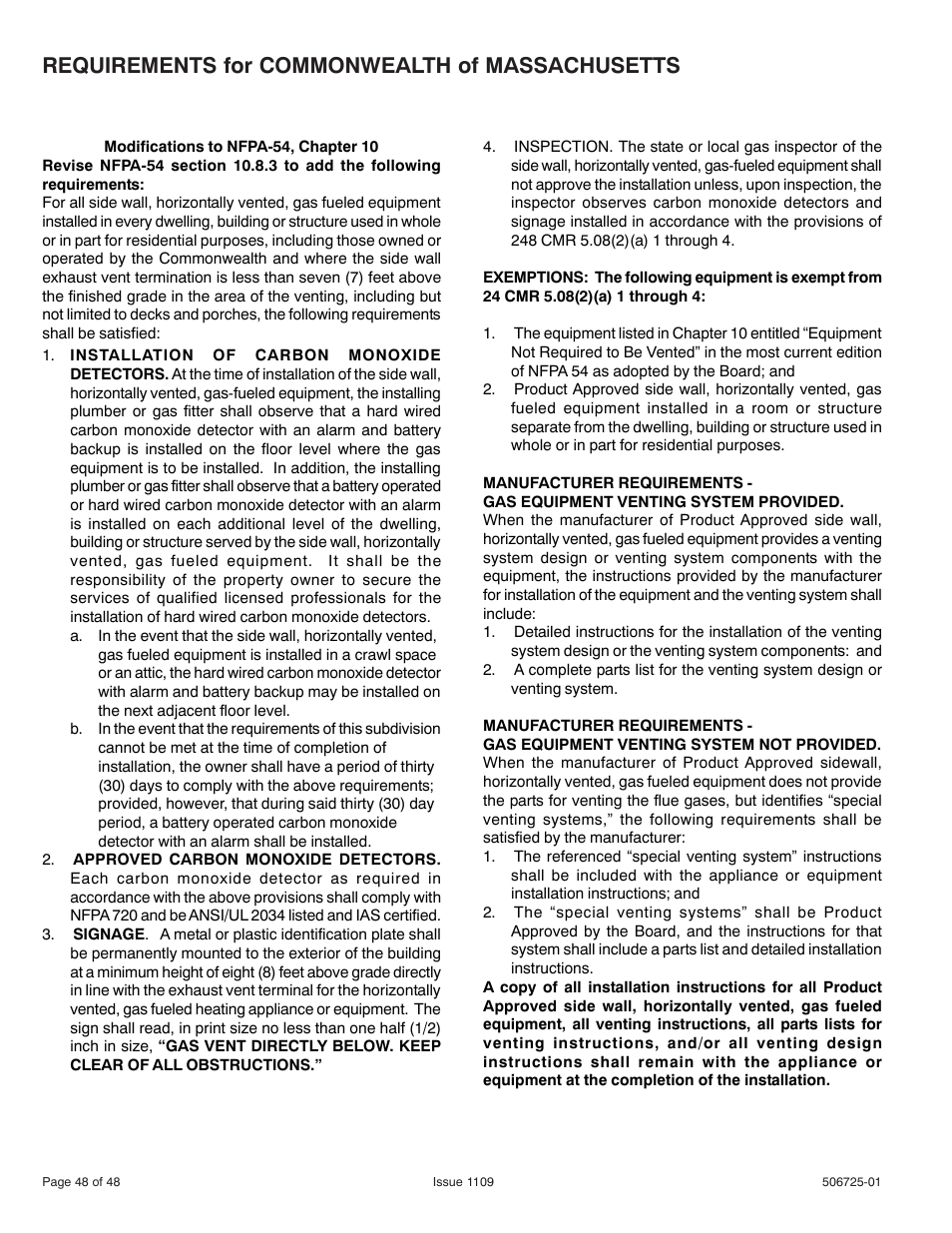 Requirements for commonwealth of massachusetts | Allied Air Enterprises A95DF User Manual | Page 48 / 48