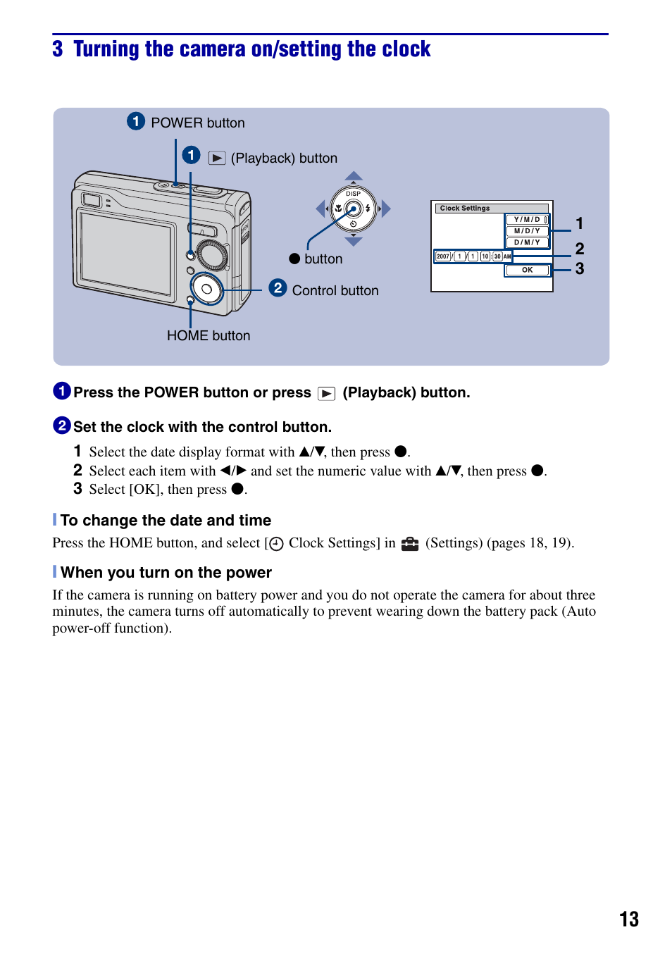 3 turning the camera on/setting the clock | Sony DSC-W80 User Manual | Page 13 / 36