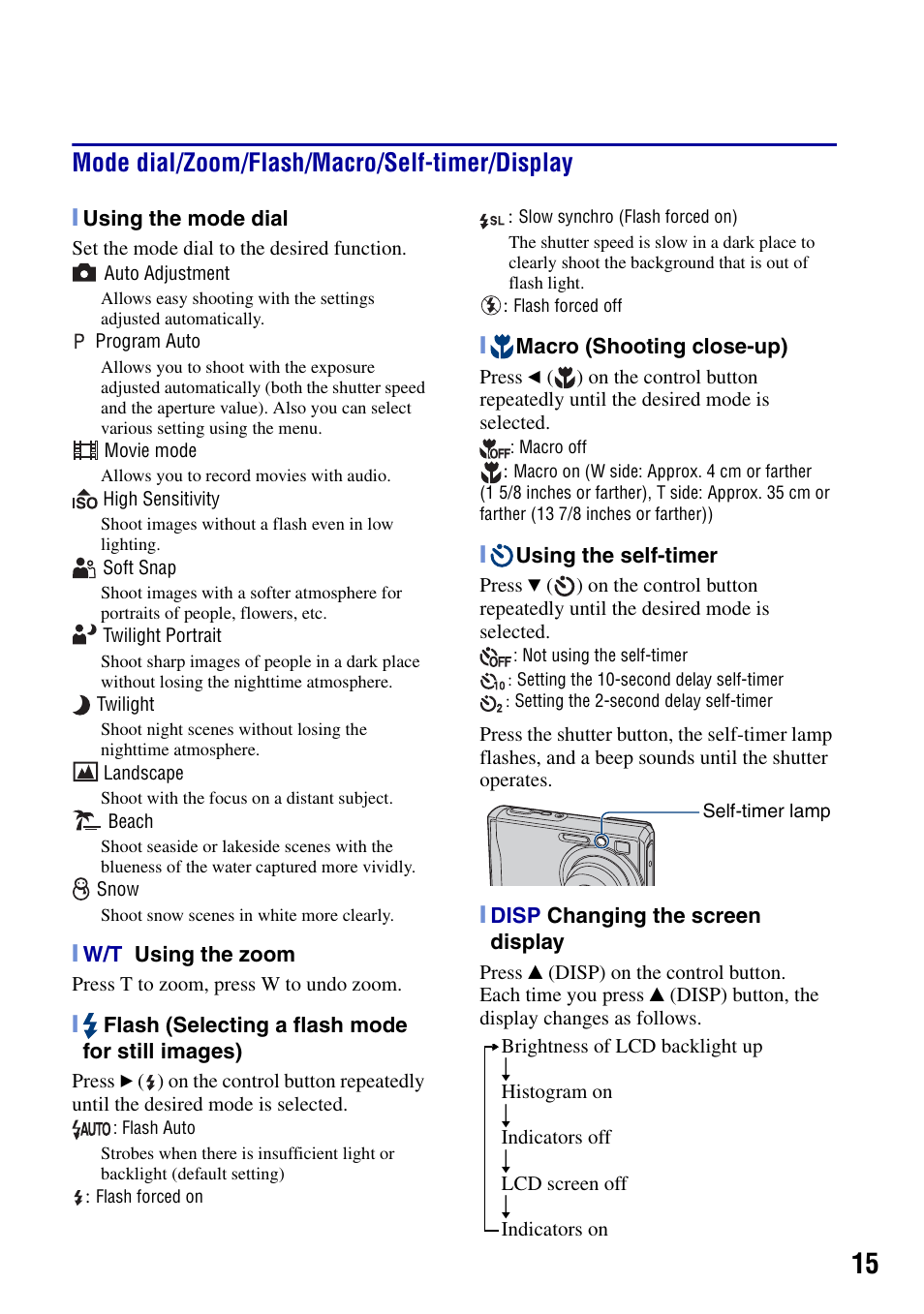 Mode dial/zoom/flash/macro/self-timer/display | Sony DSC-W80 User Manual | Page 15 / 36