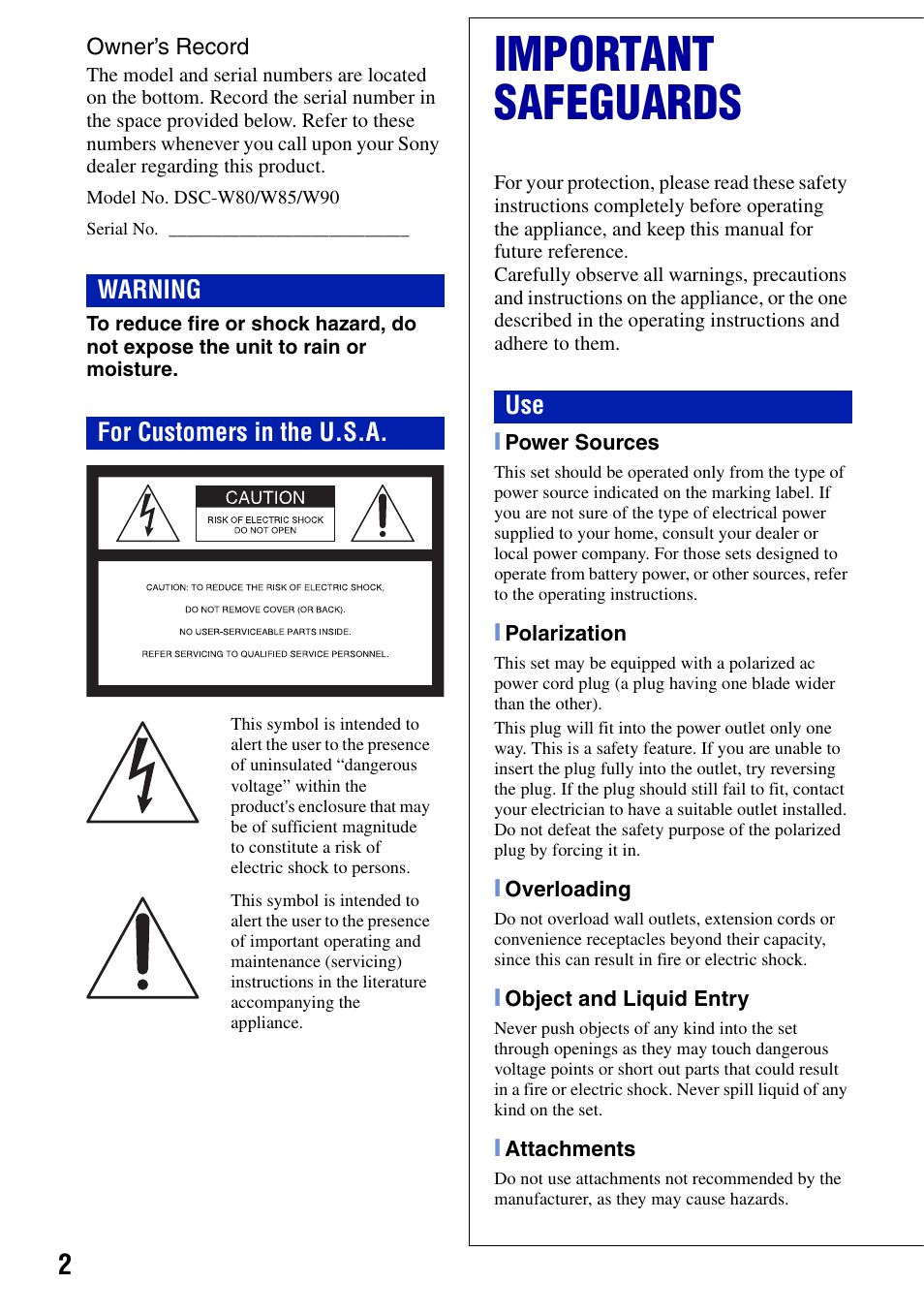 Important safeguards, Warning for customers in the u.s.a | Sony DSC-W80 User Manual | Page 2 / 36