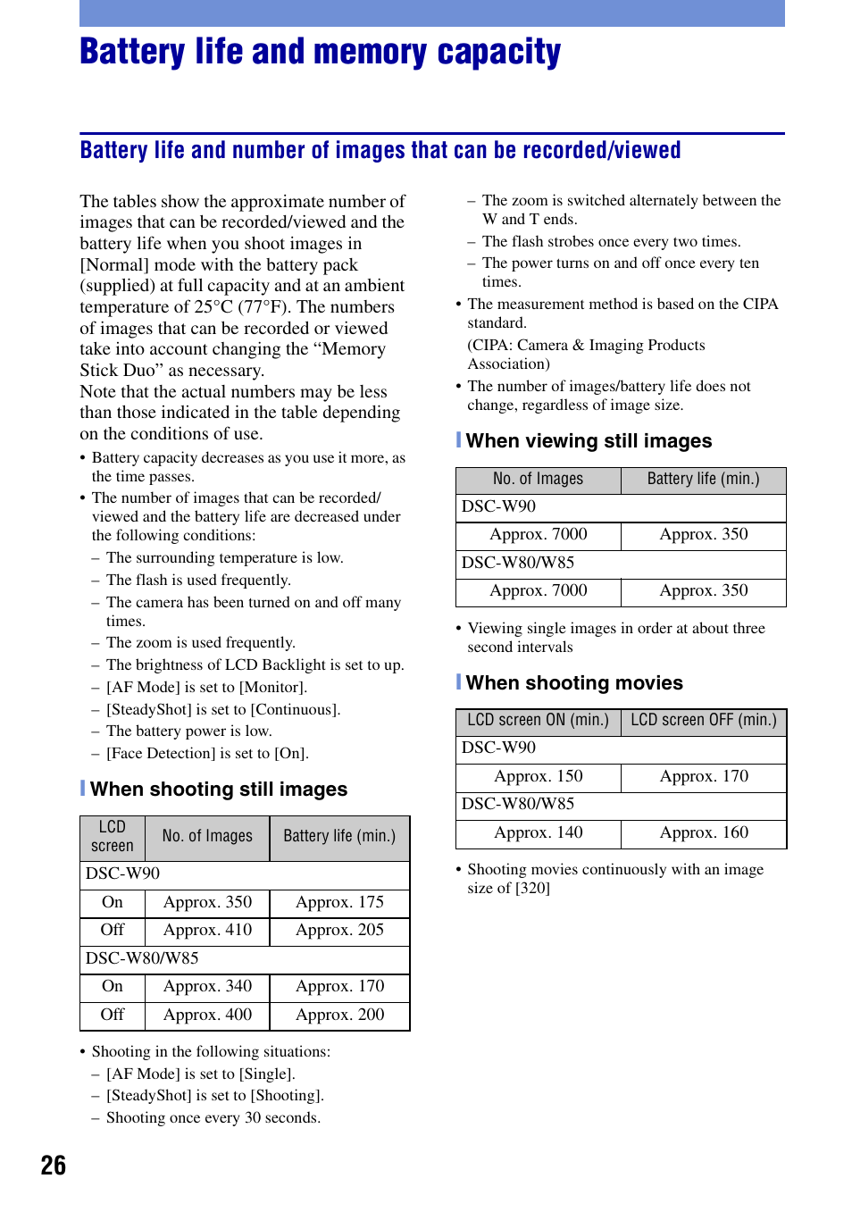Battery life and memory capacity | Sony DSC-W80 User Manual | Page 26 / 36