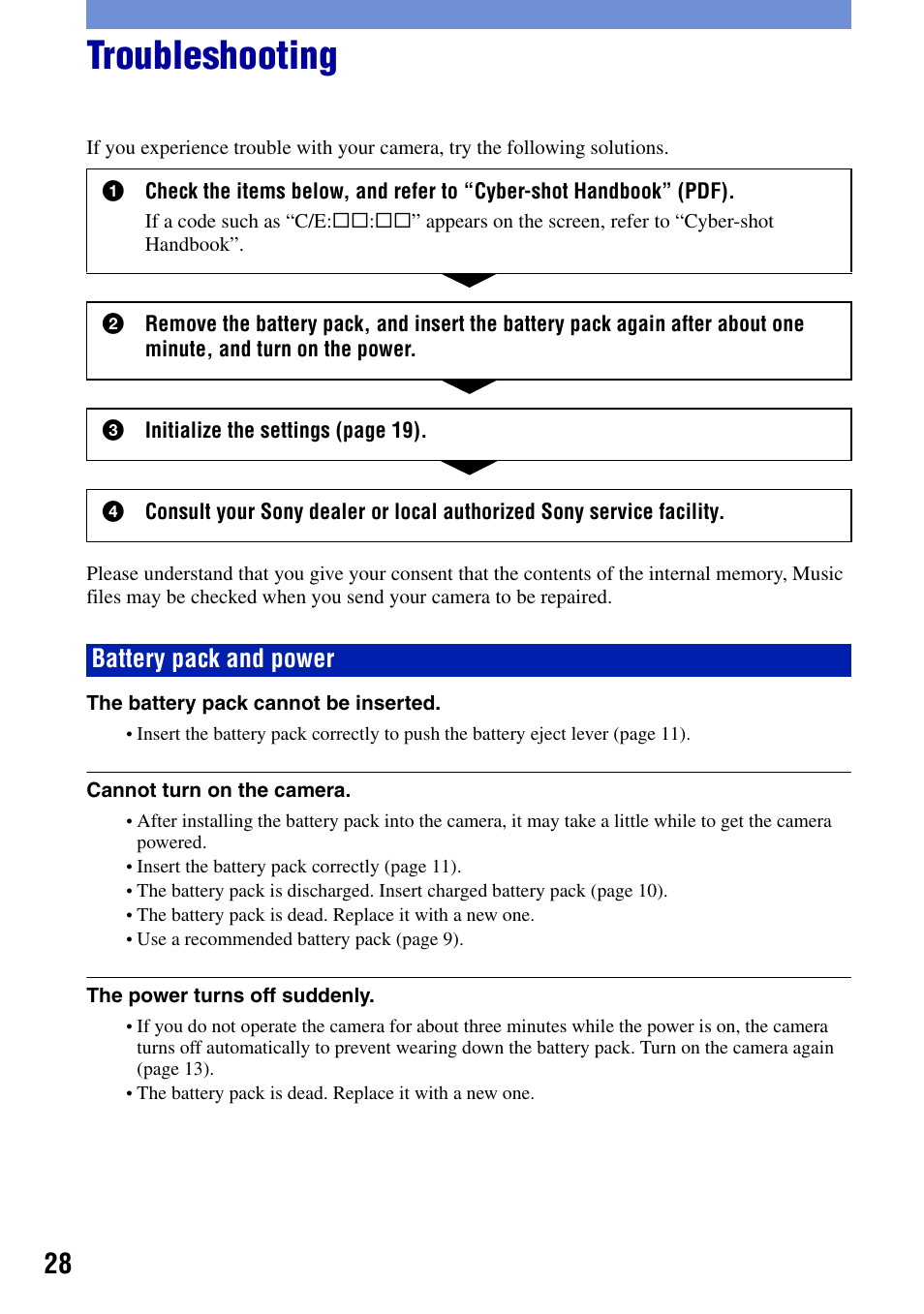 Troubleshooting, Battery pack and power | Sony DSC-W80 User Manual | Page 28 / 36